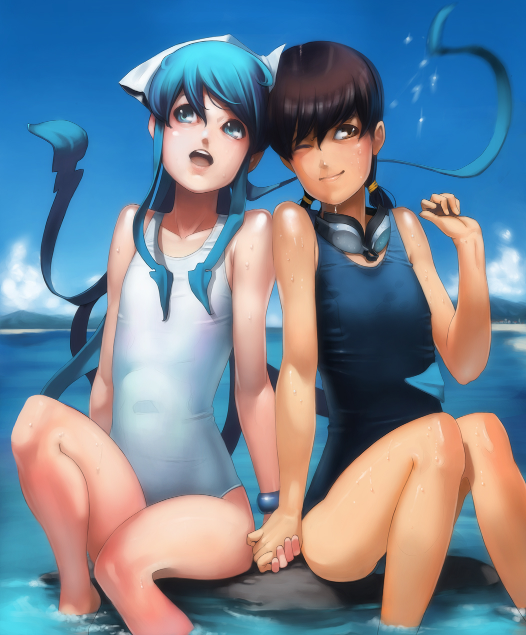 ataruman, bare_shoulders, blue_eyes, blue_hair, bracelet, brown_hair, flat_chest, goggles