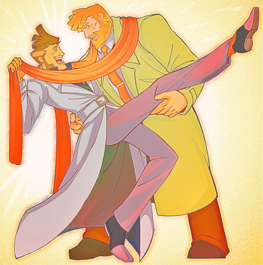 2boys, beard, belt, blonde_hair, brown_hair, cabanela, closed_eyes, coat, dancing, facial_hair, ghost_trick, green_coat, highres, jowd, kksns, long_sleeves, male_focus, multicolored_hair, multiple_boys, necktie, red_necktie, scarf, shared_clothes, shared_scarf, sideburns, standing, streaked_hair, sweatdrop, trench_coat, white_coat, yellow_background