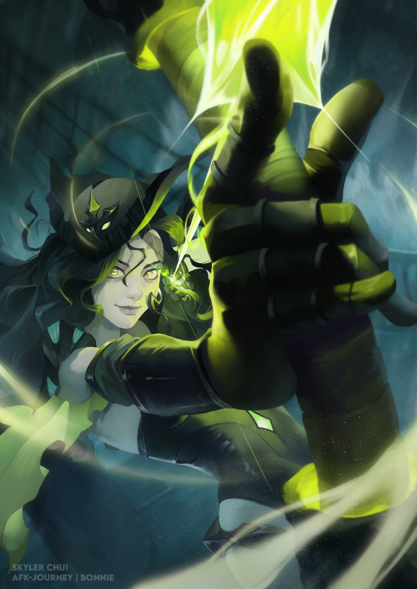 1girl, afk_(series), afk_journey, artist_name, black_gloves, black_hair, black_leotard, black_lips