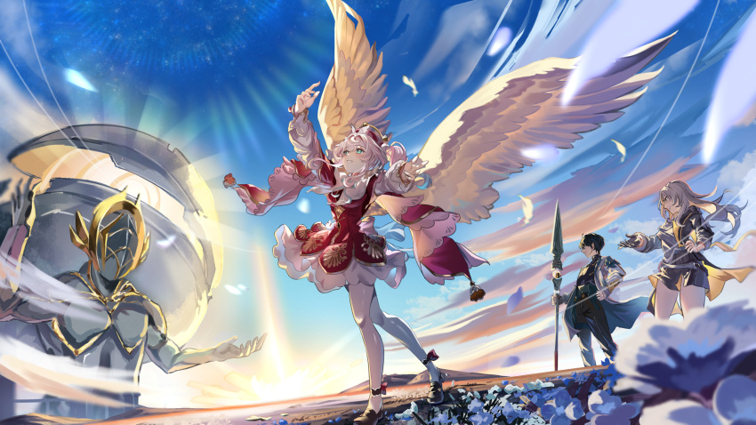 1boy, 2girls, angel_wings, black_coat, black_hair, black_pants, black_shoes, black_skirt, blue_sky, breasts, cape, coat, commentary_request, dan_heng_(honkai:_star_rail), dan_heng_(hunt)_(honkai:_star_rail), dress, field, flower, flower_field, grey_hair, hat, highres, holding, holding_polearm, holding_weapon, honkai:_star_rail, honkai_(series), hyacine_(honkai:_star_rail), kephale_(honkai:_star_rail), medium_hair, multiple_girls, outdoors, pants, pantyhose, pink_hair, polearm, red_dress, red_hat, shoes, short_hair, skirt, sky, stelle_(honkai:_star_rail), thighs, trailblazer_(honkai:_star_rail), twintails, weapon, white_cape, white_pantyhose, wings, zawzawa
