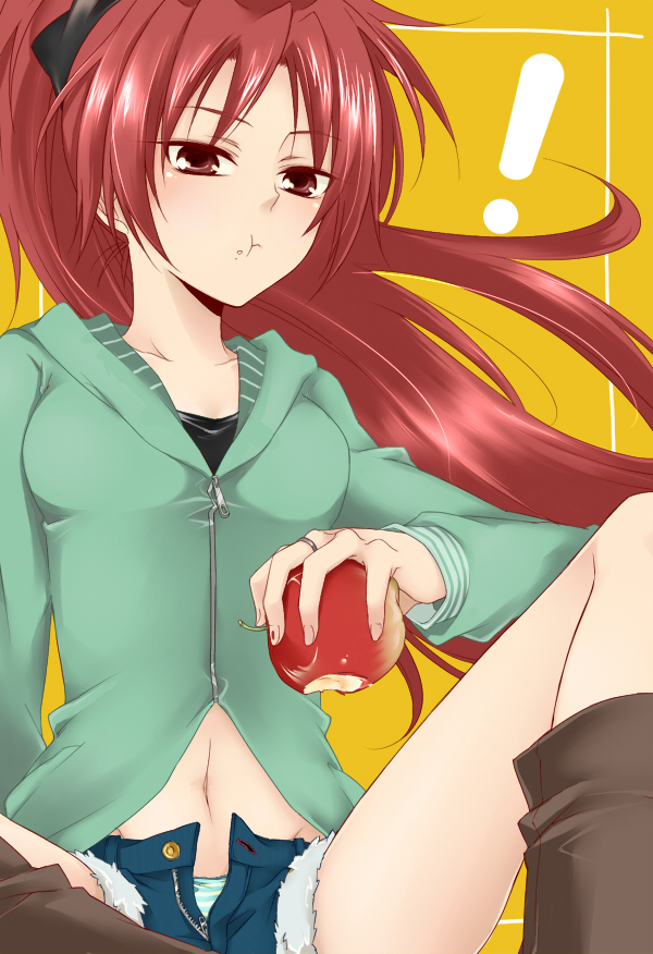 1girl, :t, apple, boots, bow, casual, collarbone, denim, denim_shorts, eating, food, fruit, hair_bow, haitei, holding, holding_apple, holding_fruit, hoodie, jewelry, long_hair, mahou_shoujo_madoka_magica, navel, panties, ponytail, red_eyes, red_hair, redhead, ring, sakura_kyouko, shorts, sitting, solo, striped, striped_panties, unbuttoned, underwear