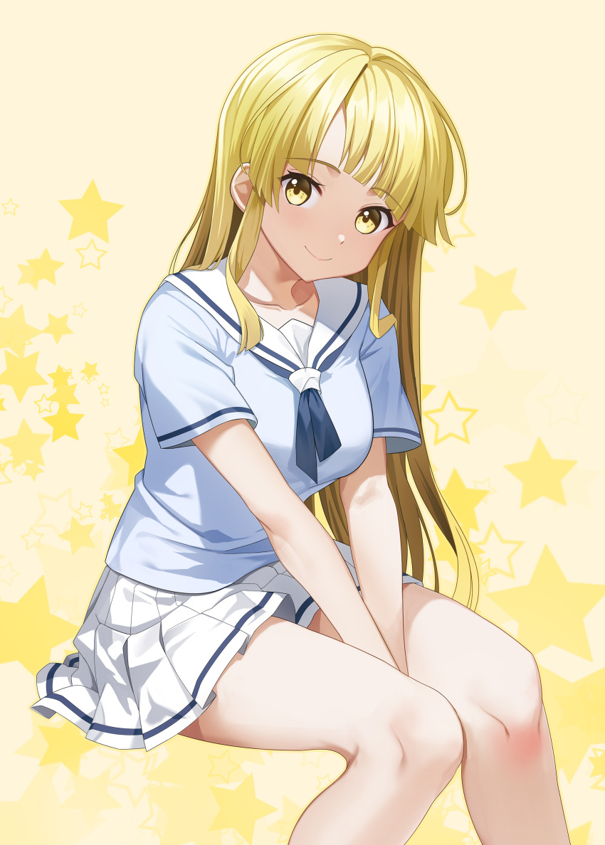 1girl, absurdres, bang_dream!, between_legs, blonde_hair, blue_neckerchief, blue_shirt, breasts