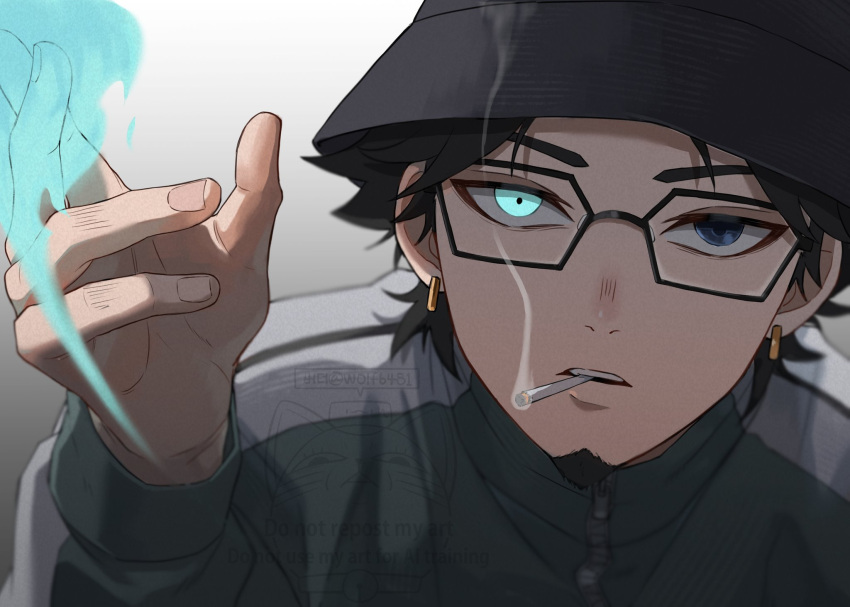 1boy, black_hair, black_hat, cigarette, dandadan, earrings, facial_hair, glasses
