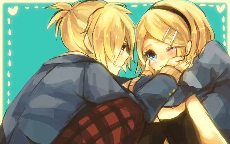 blonde_hair, blue_eyes, blush, brother_and_sister, hair_ornament, hairband, hairclip, kagamine_len, kagamine_rin, short_hair, siblings, takenoko_no_sato, twins, vocaloid