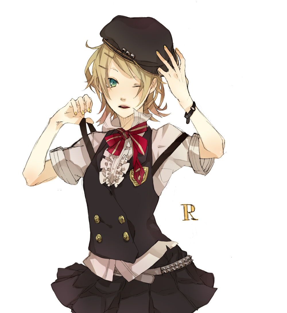aqua_eyes, bad_id, blonde_hair, hat, kagamine_rin, saikawa_(0902k137), short_hair, simple_background