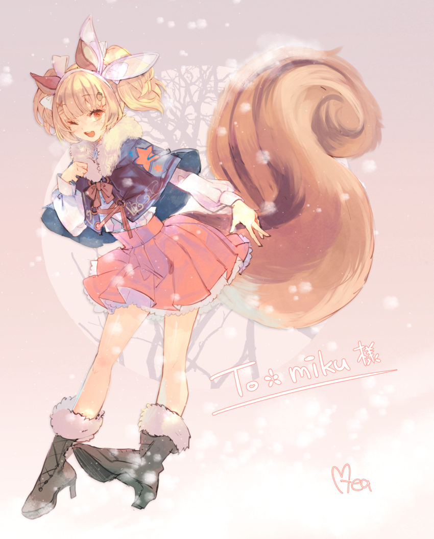 1girl, ;d, animal_ears, aqua_capelet, black_boots, blonde_hair, blurry, bokeh