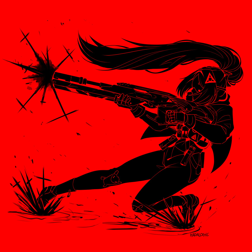 absurdres, blindfold, covered_eyes, eye_mask, fingerless_gloves, gloves, glowing_mask, gun, gunblade, hadalogic, hair_ornament, highres, latex_pants, pants, ponytail, red_background, rifle, shrug_(clothing), sniper_rifle, tight_clothes, tight_pants, triangle_hair_ornament, trigger_(zenless_zone_zero), ultrakill, weapon, zenless_zone_zero