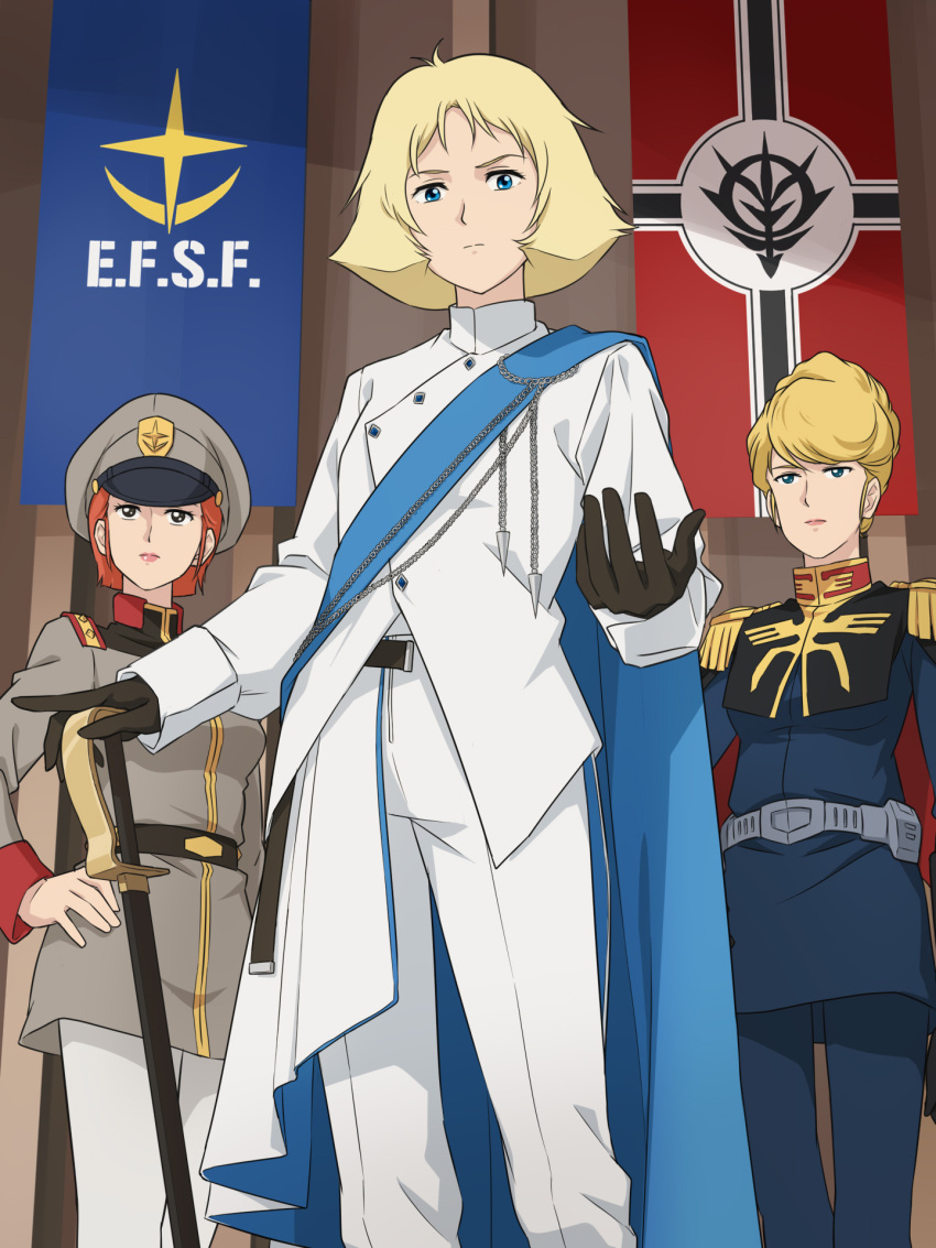 3girls, artesia_som_deikun, black_eyes, blue_coat, blue_eyes, blue_pants, blue_sash, cape