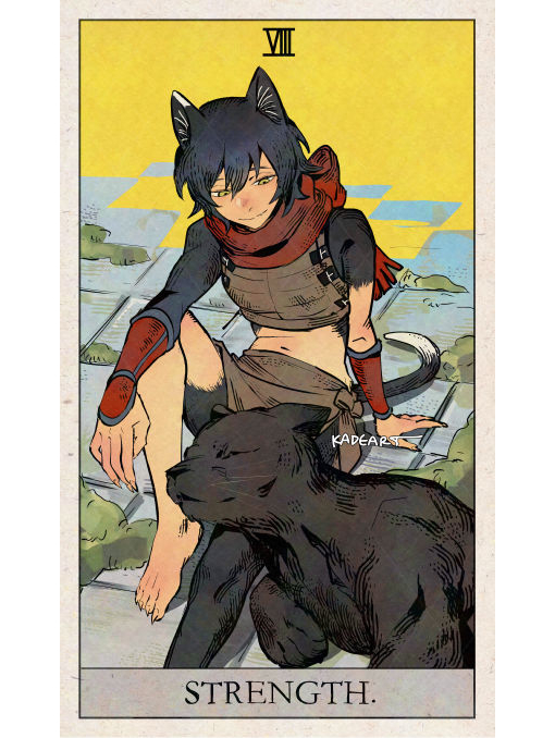 1girl, affectionate, animal_ears, arm_on_knee, armor, artist_name, barefoot, black_cat, black_hair, bracer, brown_loincloth, card_(medium), cat, cat_ears, cat_girl, cat_tail, closed_mouth, dungeon_meshi, fingernails, foot_out_of_frame, hair_between_eyes, hand_on_ground, izutsumi, kadeart, leather_armor, looking_at_another, mold, on_floor, red_scarf, scarf, sharp_fingernails, short_hair, sitting, slit_pupils, smile, strength_(tarot), tail, tarot, tarot_(medium), tile_floor, tiles, white_background, yellow_eyes