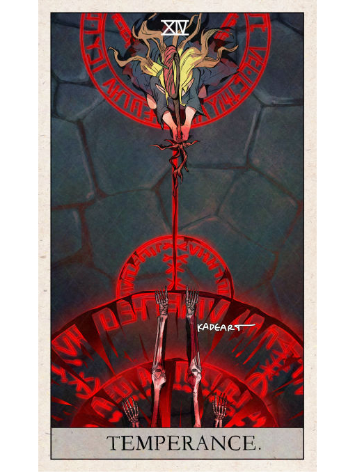 1girl, ambrosia_(dungeon_meshi), artist_name, blonde_hair, blood, blood_on_ground, blue_dress, card_(medium), dress, dungeon_meshi, from_above, holding, holding_staff, kadeart, kneeling, kneeling_on_magic_circle, long_hair, mage_staff, magic_circle, marcille_donato, planted_staff, skeleton, staff, stone_floor, tarot, tarot_(medium), temperance_(tarot), white_background