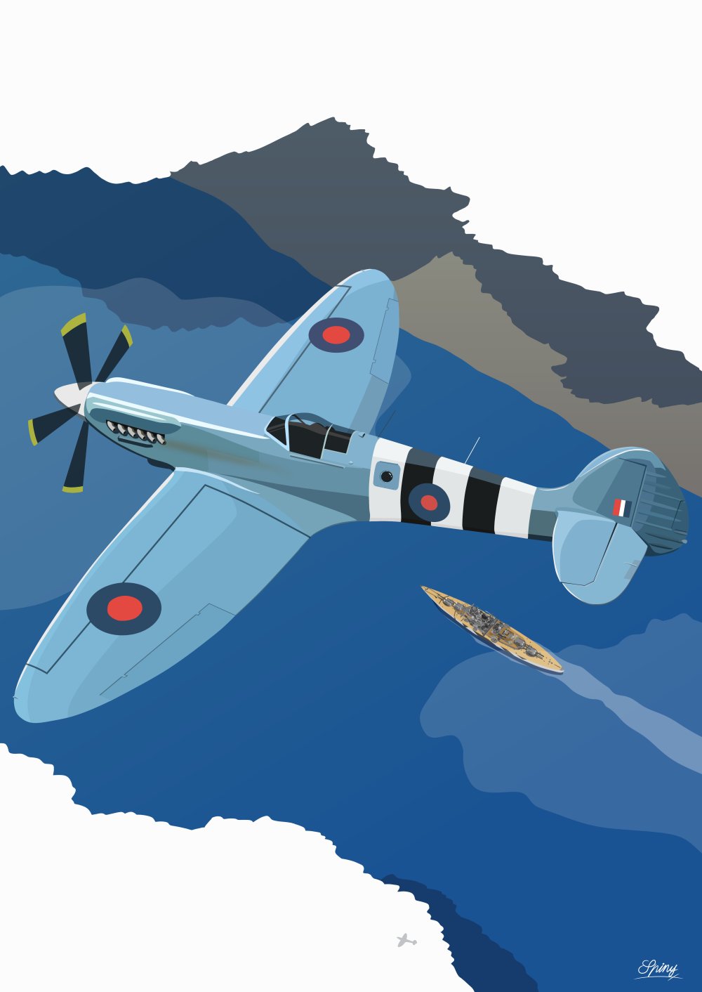 aircraft, airplane, artist_name, battleship, bismarck_(battleship), clouds, from_above, hashtag-only_commentary