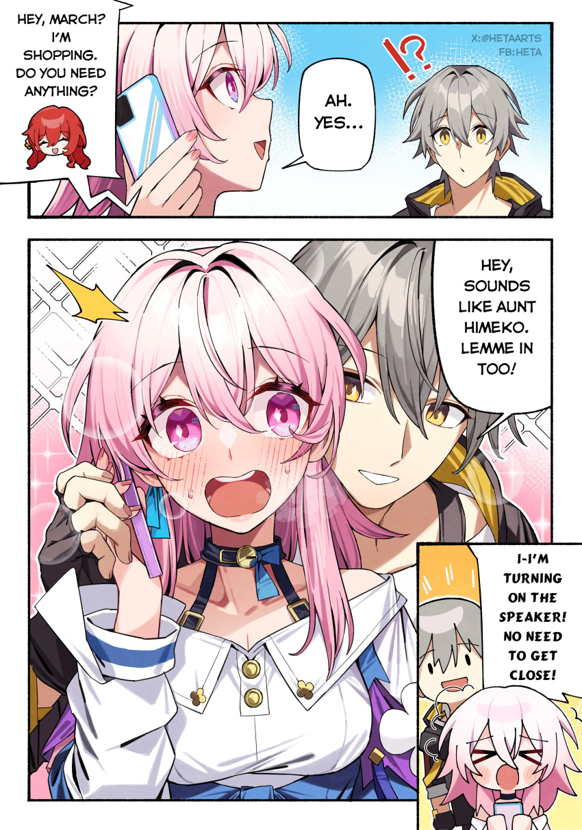 !?, >_<, 1boy, 1girl, :d, absurdres, black_jacket, blush, breasts, caelus_(honkai:_star_rail), cellphone, chibi, chibi_inset, choker, english_commentary, english_text, facebook_username, fingerless_gloves, gloves, grabbing_from_behind, grey_hair, hair_between_eyes, heta, highres, himeko_(honkai:_star_rail), holding, holding_hands, holding_phone, honkai:_star_rail, honkai_(series), implied_hetero, jacket, march_7th_(honkai:_star_rail), medium_hair, multicolored_eyes, open_clothes, open_jacket, open_mouth, phone, pink_eyes, pink_hair, pink_nails, red_hair, shirt, short_hair, sidelocks, smartphone, smile, surprised, talking_on_phone, trailblazer_(honkai:_star_rail), twitter_username, two-tone_eyes, white_shirt, yellow_eyes
