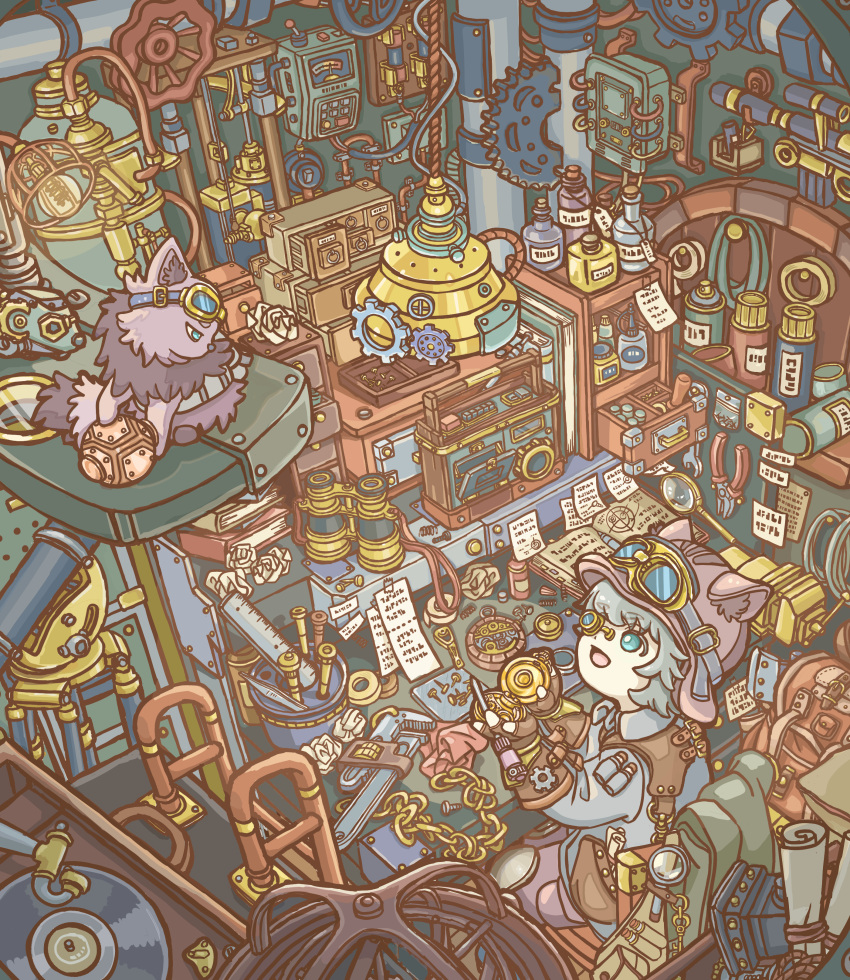 1boy, absurdly_detailed_composition, absurdres, animal_ears, aqua_eyes, binoculars, brown_gloves, cat