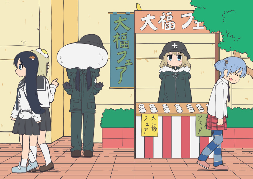 5girls, absurdres, bird, black_gloves, black_hair, black_skirt, blonde_hair, blue_eyes