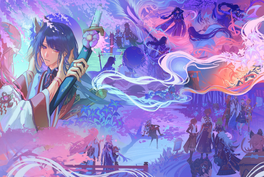 6+boys, 6+girls, abstract_background, alternate_costume, animal_ear_piercing, animal_ears, arataki_itto, blunt_bangs