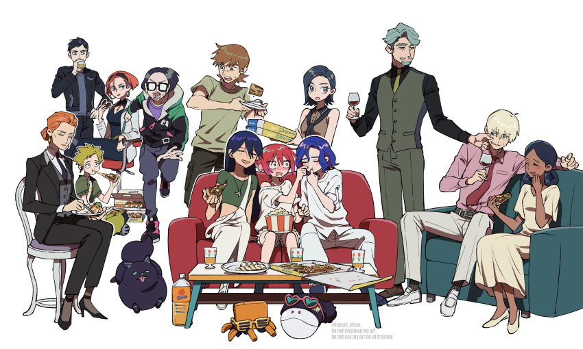 6+boys, 6+girls, amate_yuzuriha, annqi, aqua_hair, beard, black_hair, black_pants