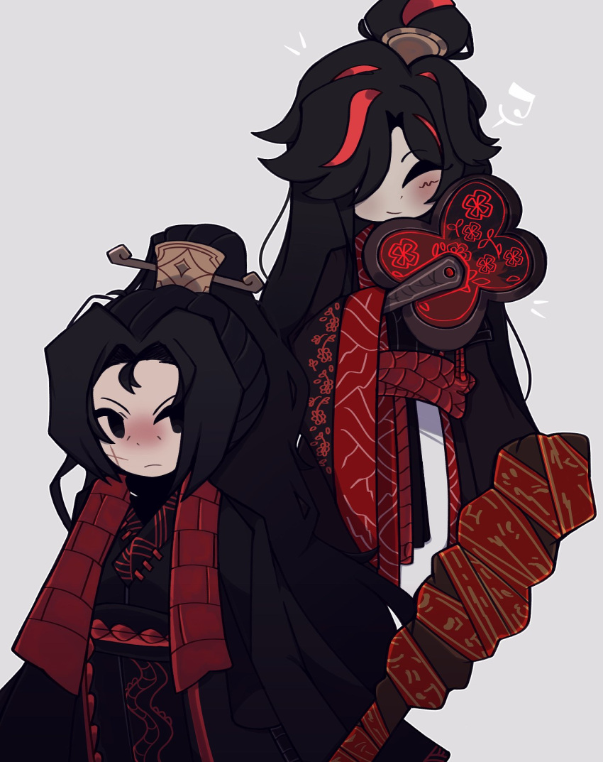 1boy, 1girl, ;), black_eyes, black_hair, black_hanfu, chinese_clothes, closed_eyes