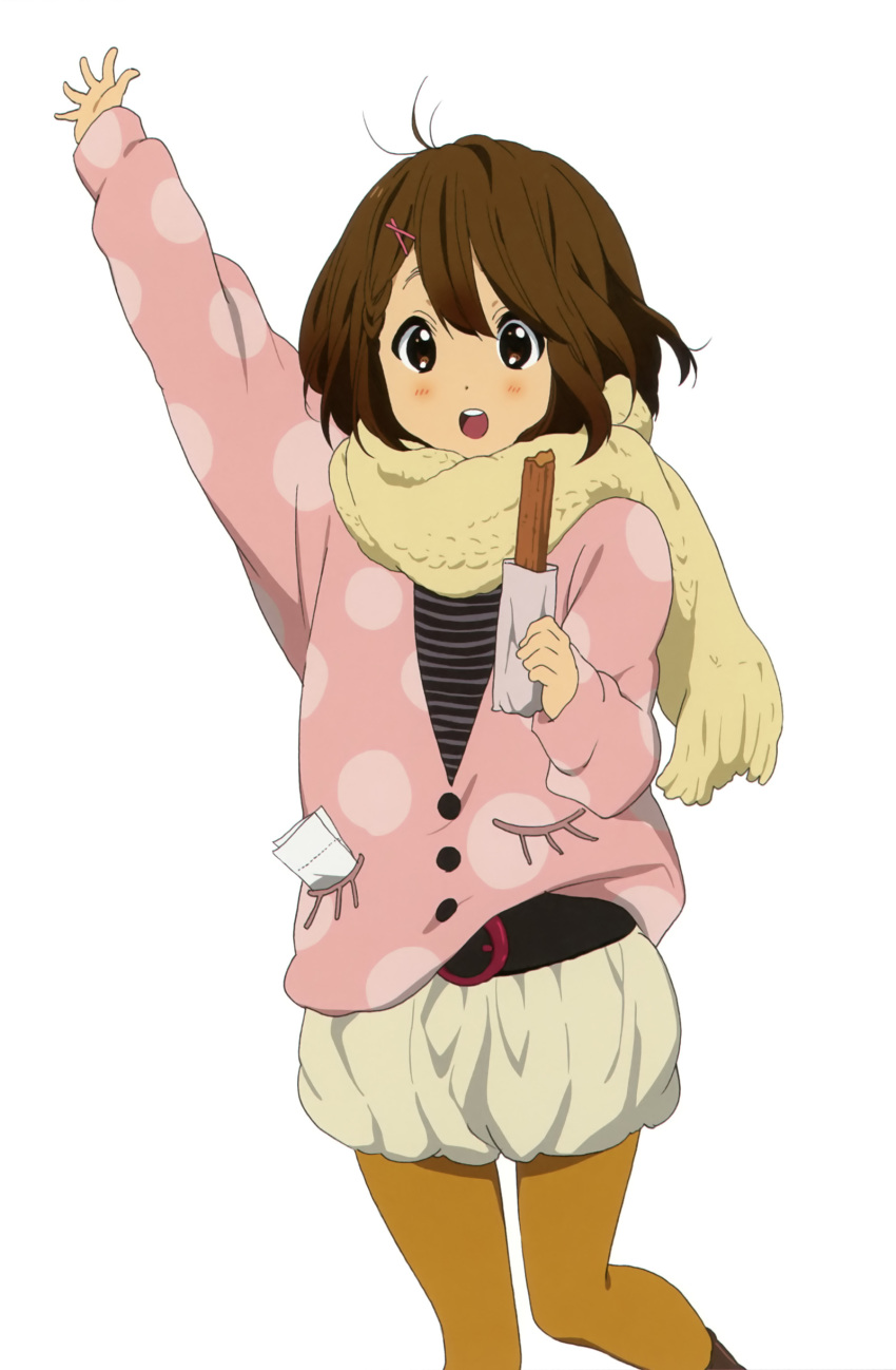 1girl, absurdres, anime_coloring, arm_up, belt, black_belt, black_shirt, bob_cut, braided_sidelock, brown_eyes, brown_hair, brown_pantyhose, cardigan, cardigan_partially_tucked_in, churro, cowboy_shot, double-parted_bangs, food, hair_ornament, hairclip, hand_up, happy, highres, hirasawa_yui, holding, holding_food, holding_pastry_bag, horiguchi_yukiko, k-on!, k-on!_movie, long_sleeves, looking_ahead, o-ring, o-ring_belt, official_art, open_hand, open_mouth, pantyhose, paper, partially_unbuttoned, pastry_bag, pink_cardigan, pocket, polka_dot, polka_dot_cardigan, puffy_shorts, raised_eyebrows, scan, scarf, shirt, shorts, simple_background, solo, striped_clothes, striped_shirt, tachi-e, teeth, upper_teeth_only, waving, white_background, white_shorts, x_hair_ornament, yellow_scarf
