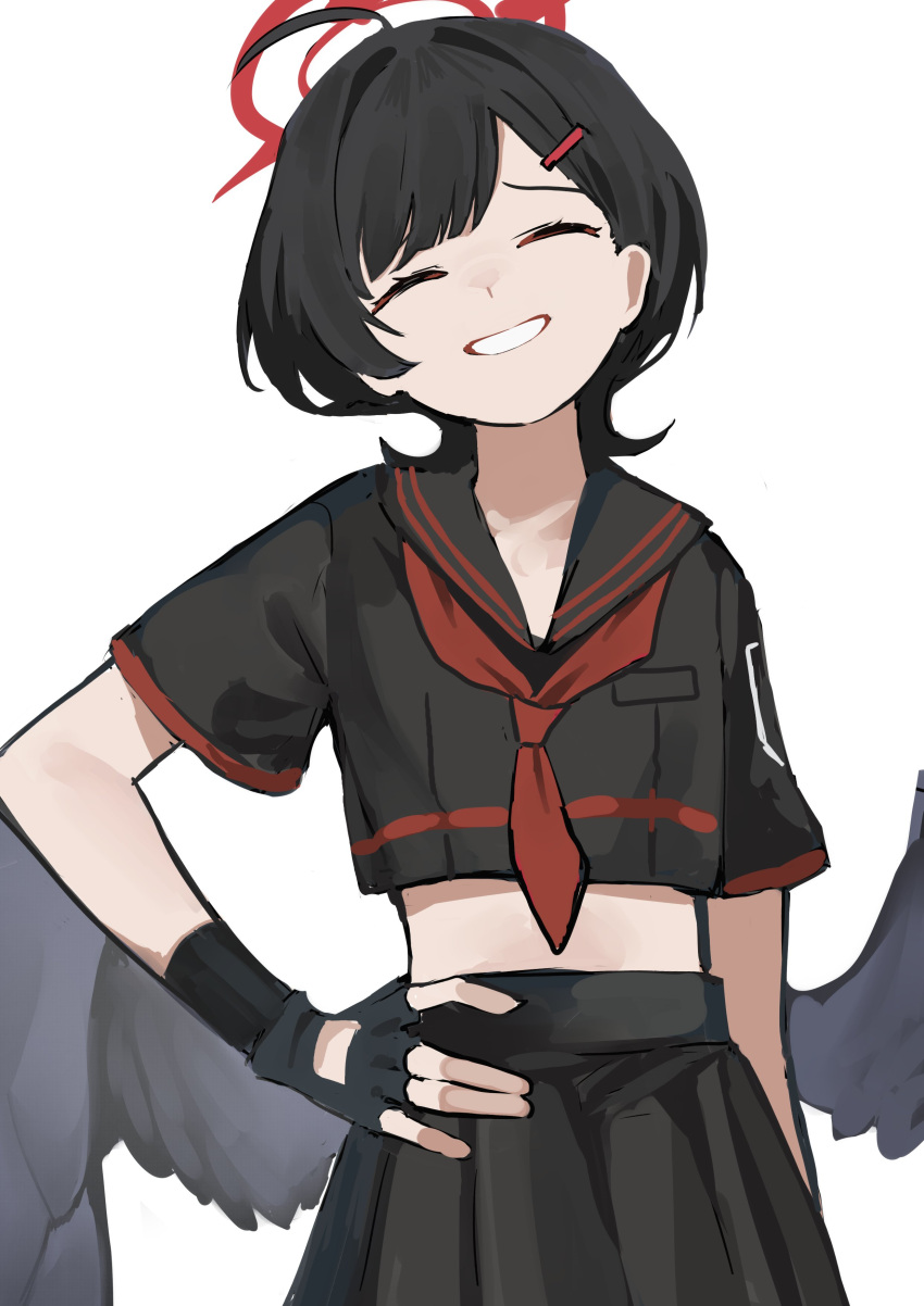1girl, absurdres, alternate_hairstyle, black_gloves, black_hair, blue_archive, closed_eyes, fingerless_gloves