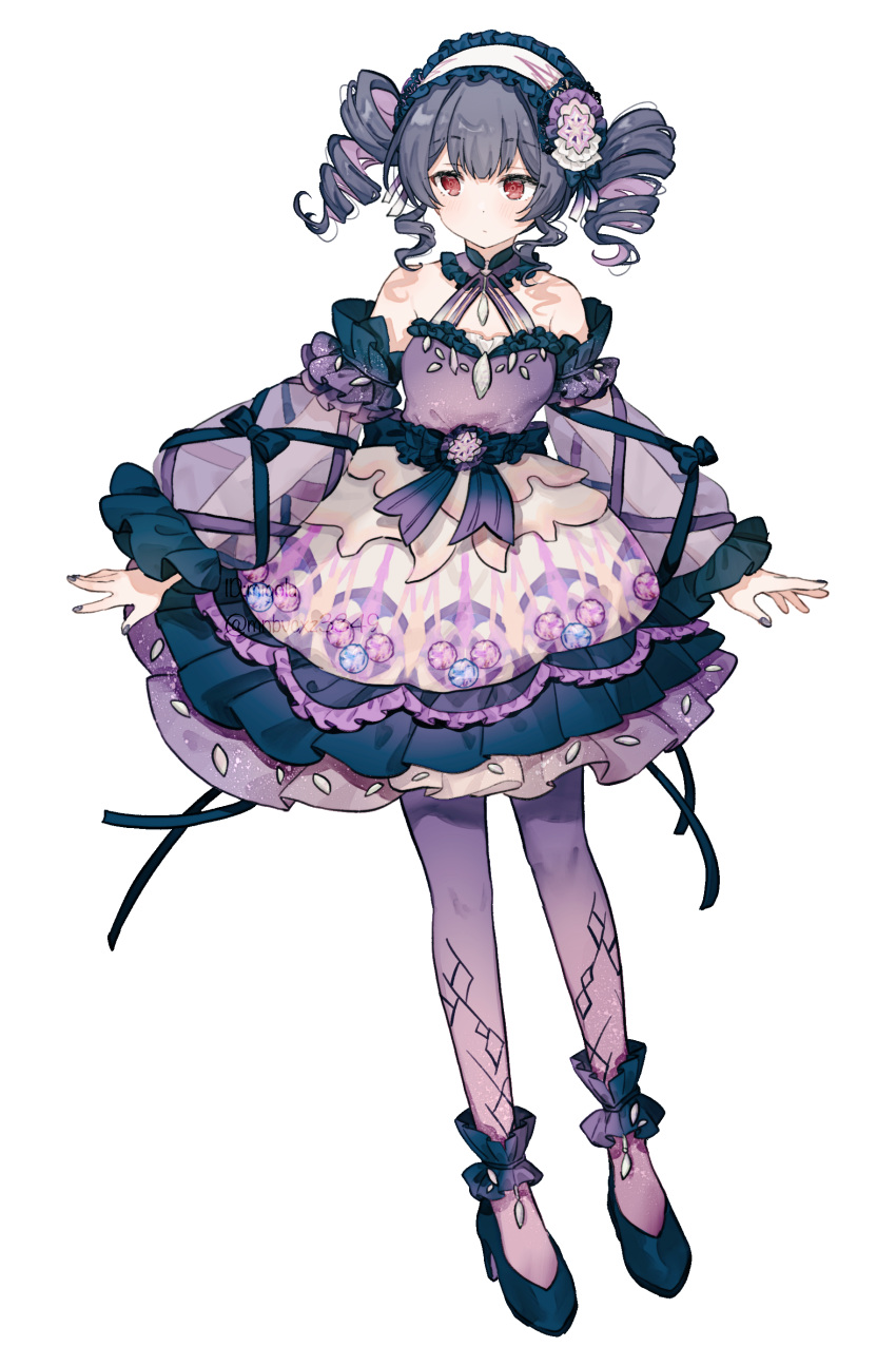 1girl, absurdres, alternate_hairstyle, ankle_scrunchie, bare_shoulders, black_hair, blue_bow, blue_gemstone