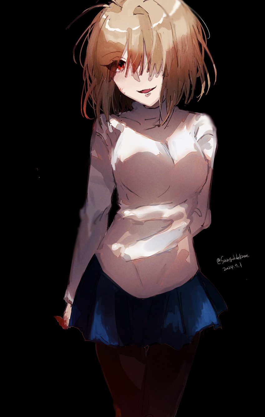 1girl, absurdres, arcueid_brunestud, arms_behind_back, black_background, blood, blood_on_hands, breasts