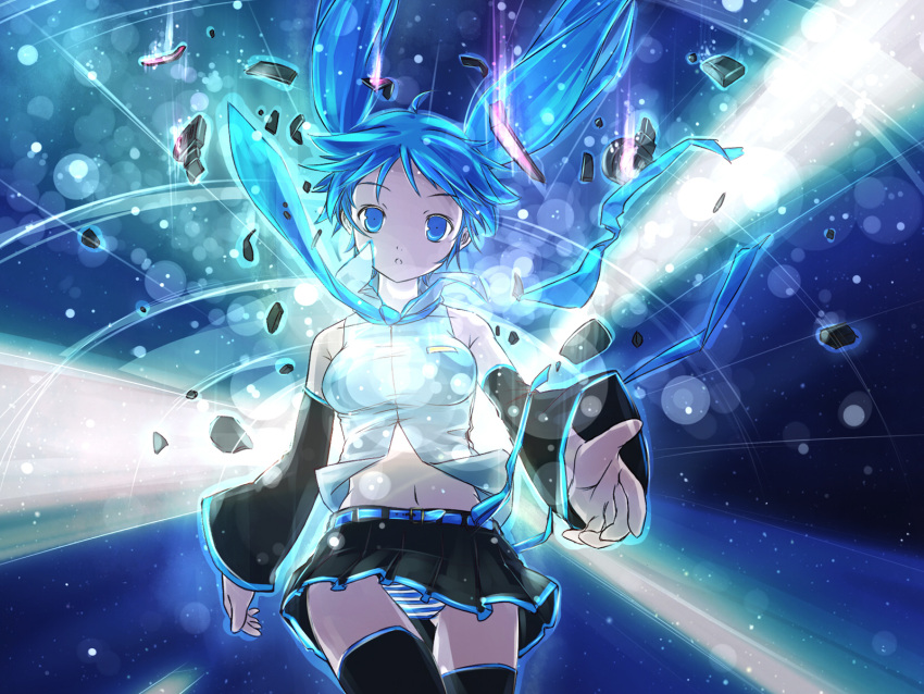 belt, blue_eyes, blue_hair, detached_sleeves, floating_hair, hatsune_miku, highres, hokuchin