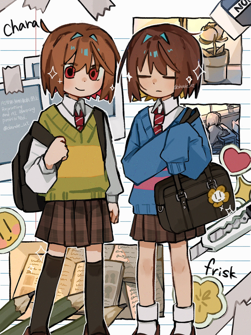 2others, bag, black_socks, blue_sweater, brown_hair, brown_shoes, brown_skirt, chara_(undertale), character_name, closed_eyes, closed_mouth, dande_lion2604, frisk_(undertale), green_vest, highres, holding, holding_bag, long_sleeves, multiple_others, other_focus, red_eyes, shirt, shoes, short_hair, skirt, sleeves_past_fingers, sleeves_past_wrists, smile, socks, sparkle, sweater, twitter_username, undertale, vest, white_shirt, white_socks