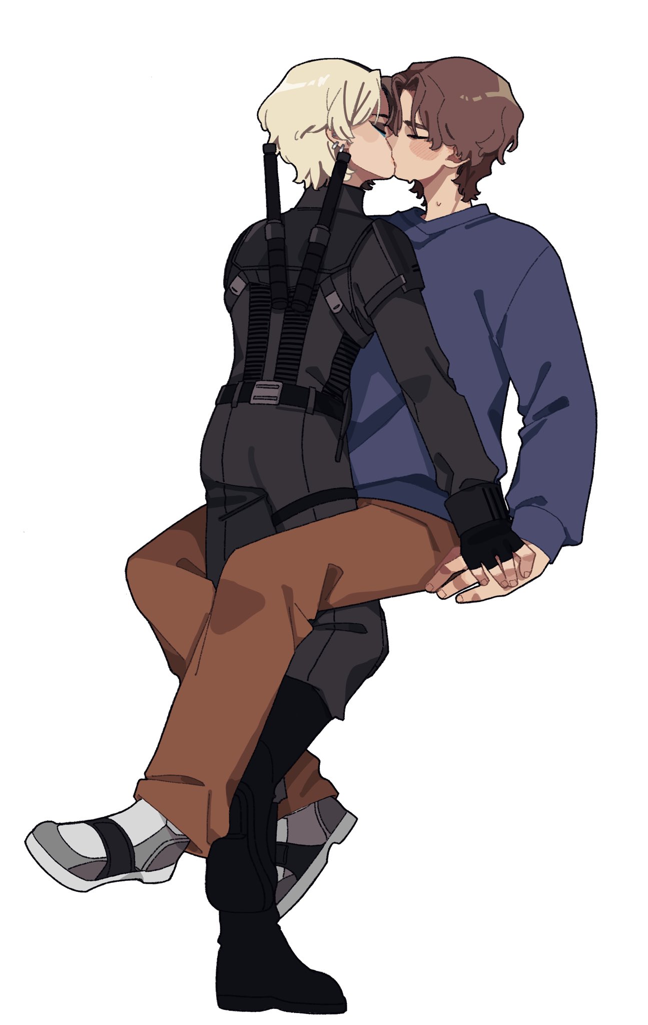 1boy, 1girl, animification, black_bodysuit, black_gloves, blonde_hair, bodysuit, brown_hair, earrings, fingerless_gloves, gloves, hetero, highres, jewelry, kiss, marvel, marvel_cinematic_universe, pants, sentry_(marvel), shirt, short_hair, simple_background, superhero_costume, sweetp247, thunderbolts_(movie), white_background, yelena_belova