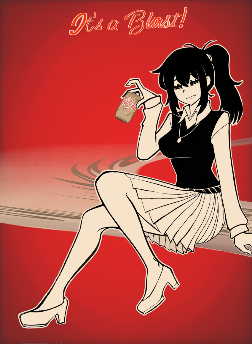 1girl, antenna_hair, arm_support, bare_legs, black_sweater_vest, breasts, can, collared_shirt