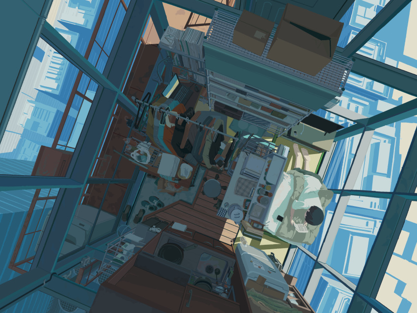1boy, absurdly_detailed_composition, absurdres, ambiguous_gender, black_hair, book, building, cabinet