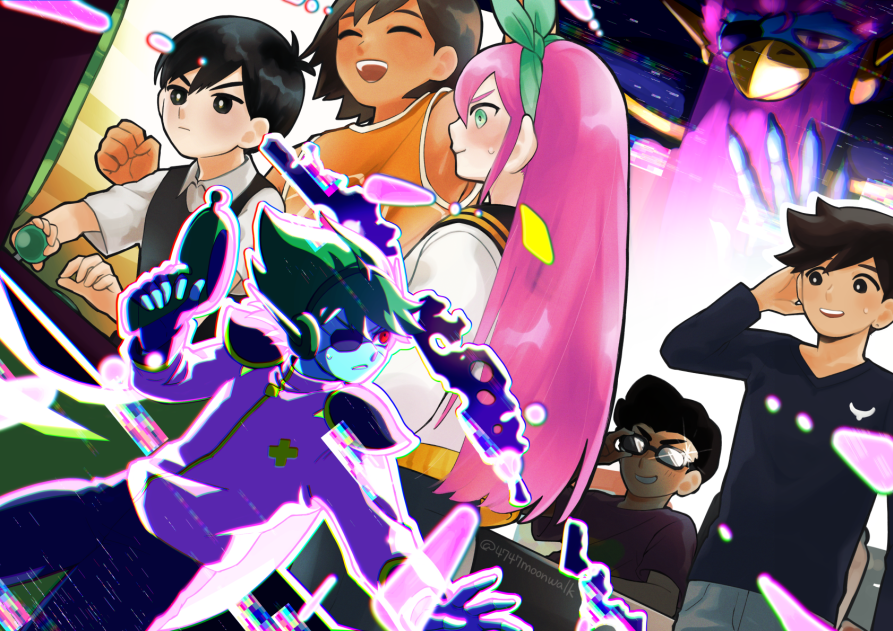1girl, 4747moonwalk, 6+boys, :d, ^_^, adjusting_eyewear, alternate_hair_color, angry