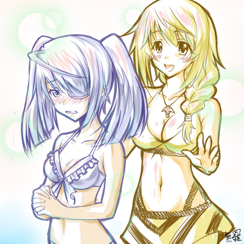 bad_id, bikini, blonde_hair, blush, braid, breasts, charlotte_dunois, cleavage