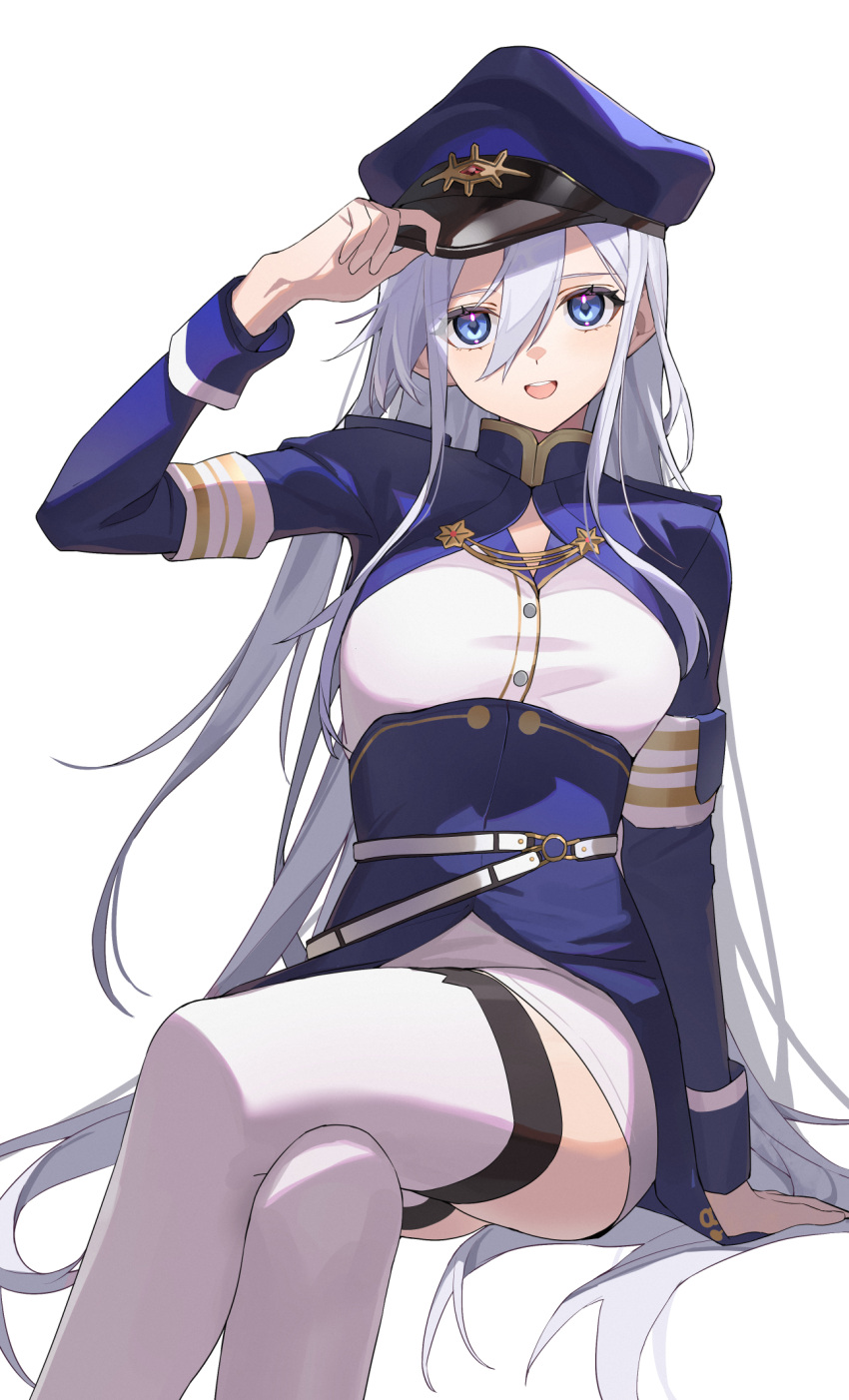 1girl, 86_-eightysix-, blue_eyes, blue_hat, blue_jacket, cool_est, crossed_legs, hair_between_eyes
