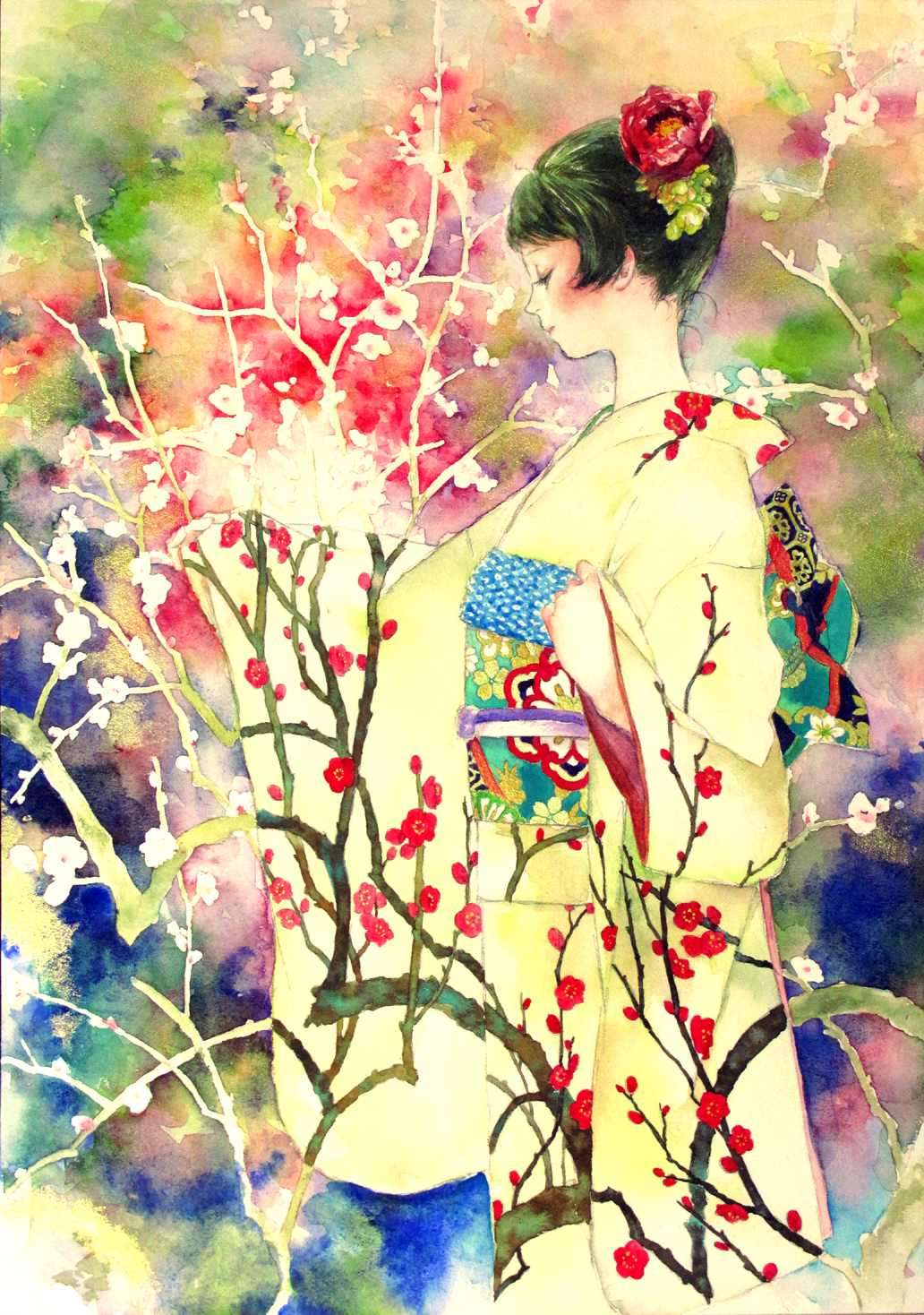 branch, flower, hair_flower, hair_ornament, highres, japanese_clothes, kimono, obi