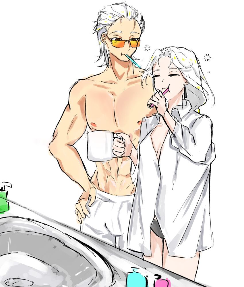 1boy, 1girl, absurdres, bathroom, braid, brushing_teeth, couple, earrings