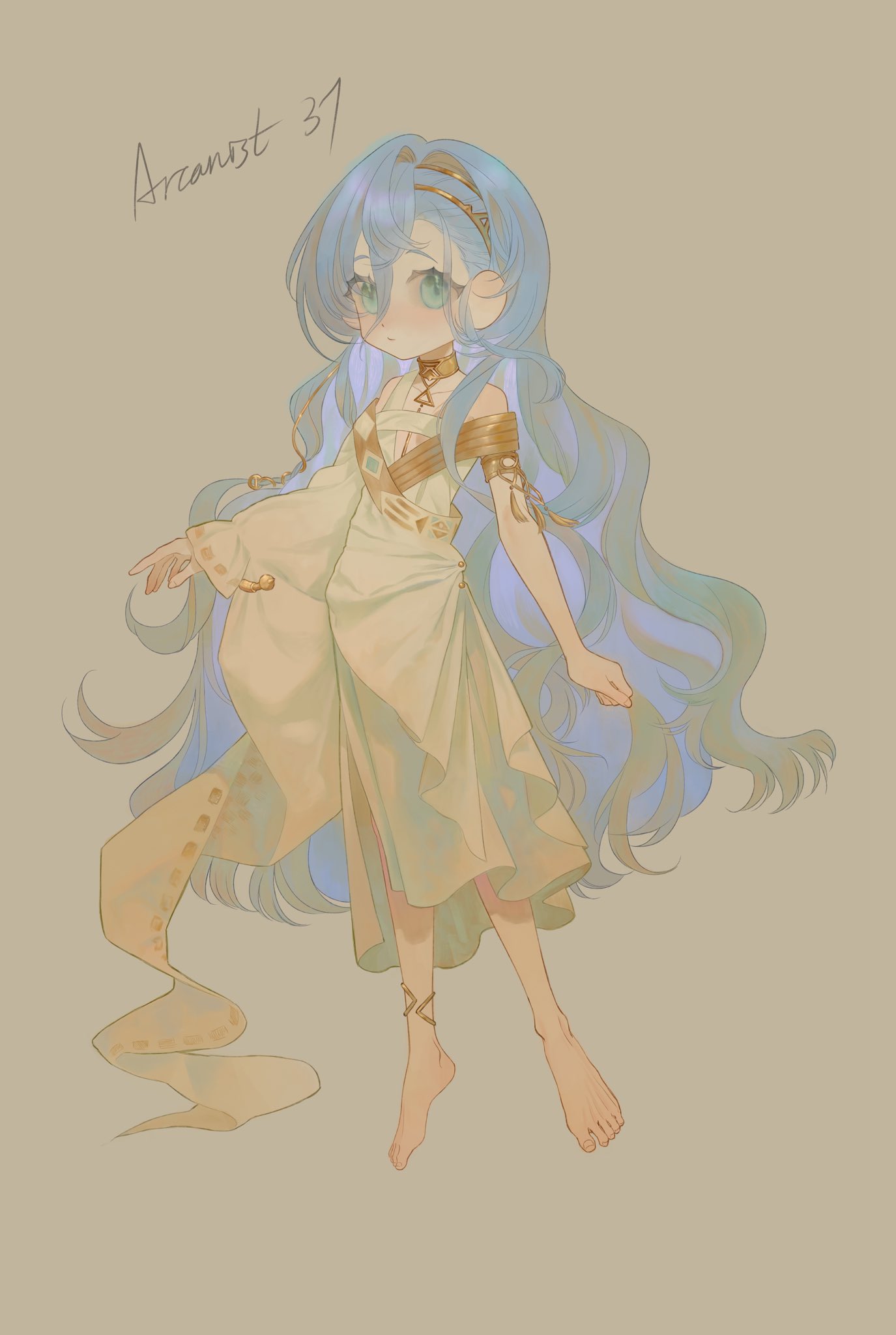 1girl, 37_(reverse:1999), :/, ancient_greek_clothes, anklet, bare_shoulders, barefoot, blue_eyes, blue_hair, brown_background, character_name, deformed, full_body, gold_choker, greco-roman_clothes, hair_between_eyes, highres, imwa, jewelry, long_hair, looking_at_viewer, reverse:1999, solo, toga, very_long_hair