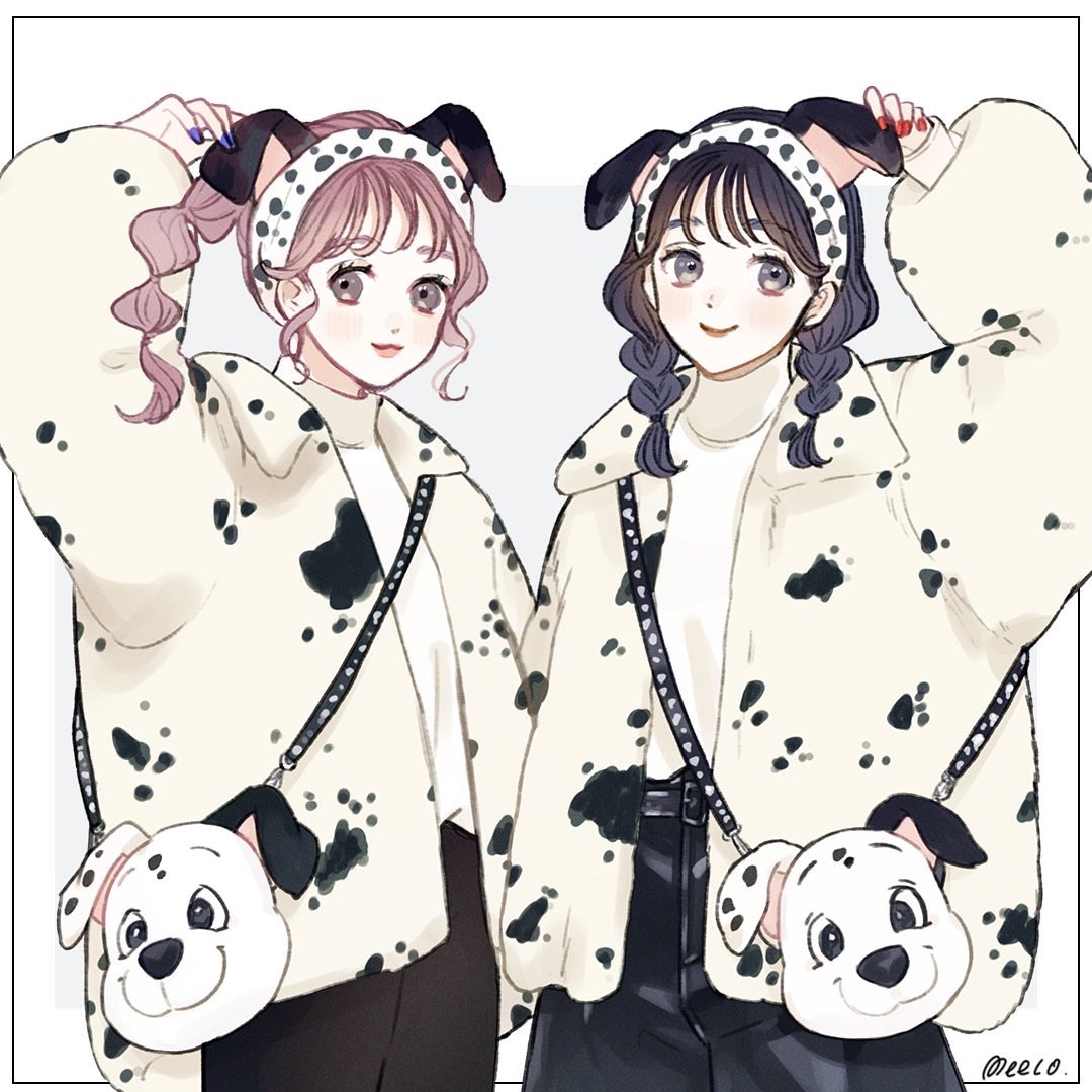 101_dalmatians, 2girls, animification, bag, brown_hair, character_bag, coat, genderswap