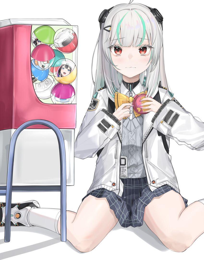 1girl, absurdres, admi_(nikke), ahoge, badge, ball, black_skirt, bow, bowtie, collared_shirt, eomung, gashapon, goddess_of_victory:_nikke, gradient_hair, green_hair, grey_hair, grey_sweater, hair_ornament, hands_up, headgear, highres, holding, jacket, light_blush, loafers, long_hair, long_sleeves, looking_at_viewer, multicolored_hair, open_clothes, open_jacket, plaid_clothes, plaid_skirt, pleated_skirt, red_eyes, shirt, shoes, sidelocks, sitting, skirt, sneakers, socks, streaked_hair, sweater, sweater_vest, toy, vending_machine, wariza, wavy_mouth, white_background, white_jacket, white_shirt, white_socks, yellow_bow, yellow_bowtie