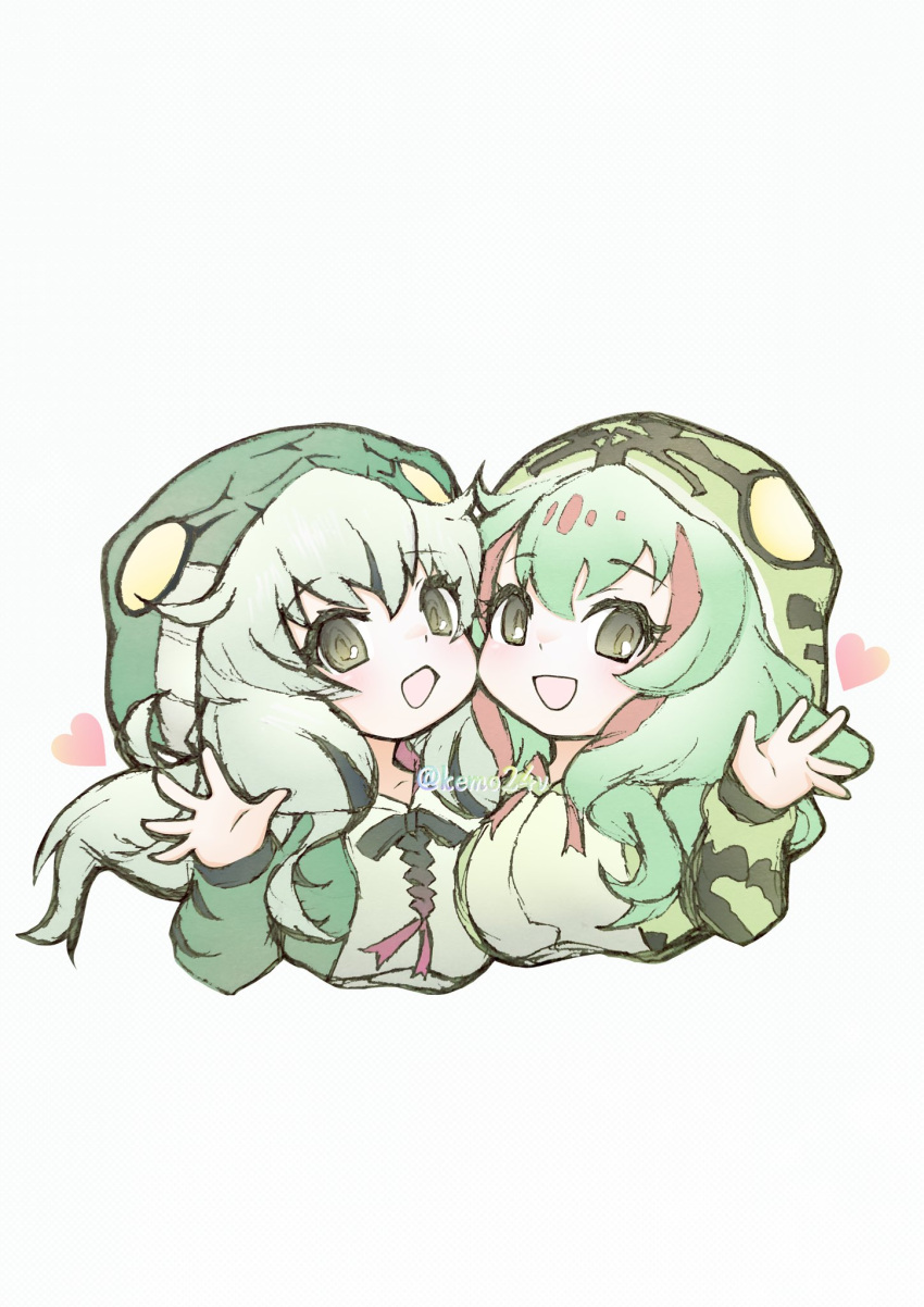 2girls, blush, boomslang_(kemono_friends), bow, bowtie, drawstring, emerald_tree_boa_(kemono_friends), green_bow