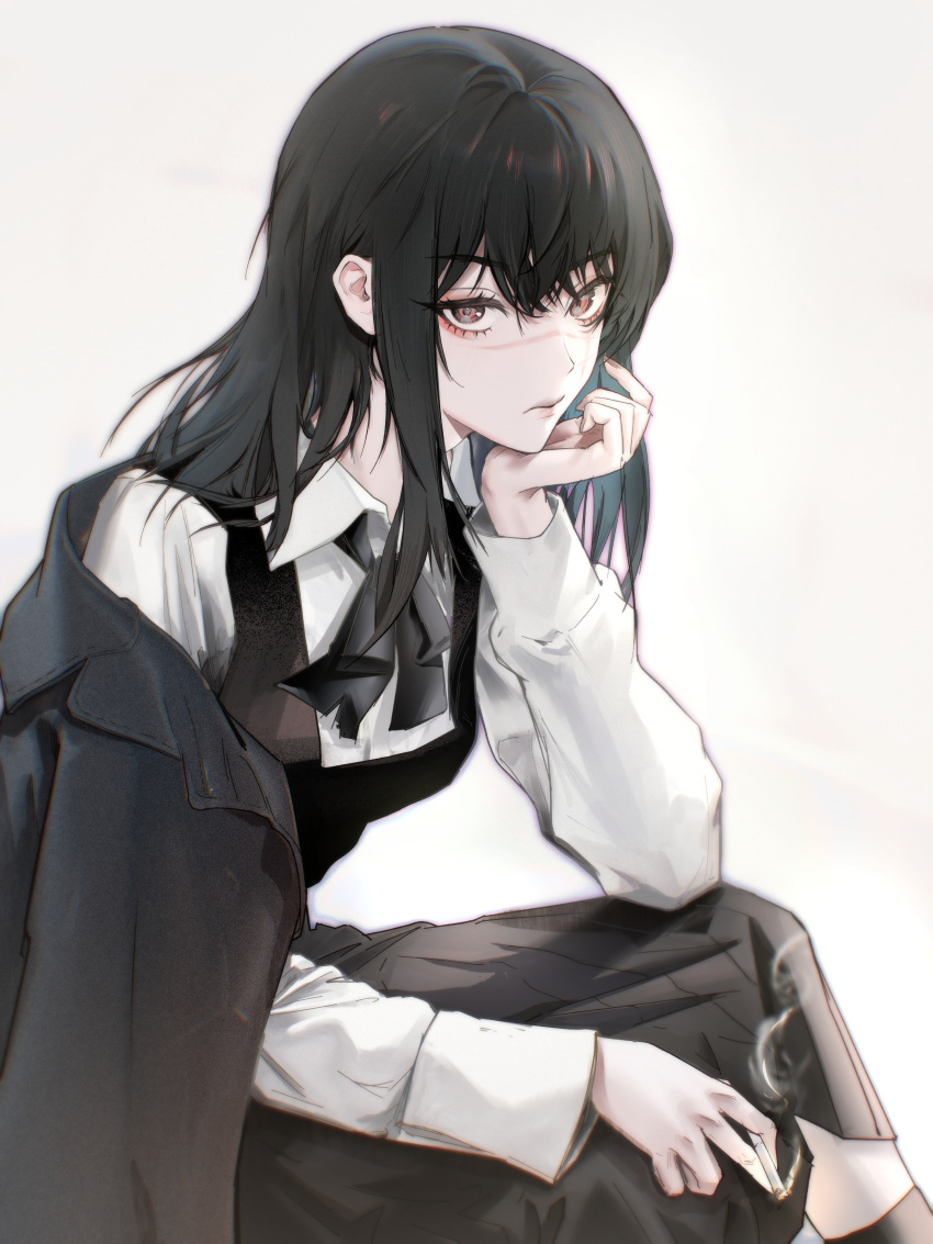 1girl, absurdres, black_coat, black_dress, black_hair, brown_eyes, chainsaw_man, cigarette