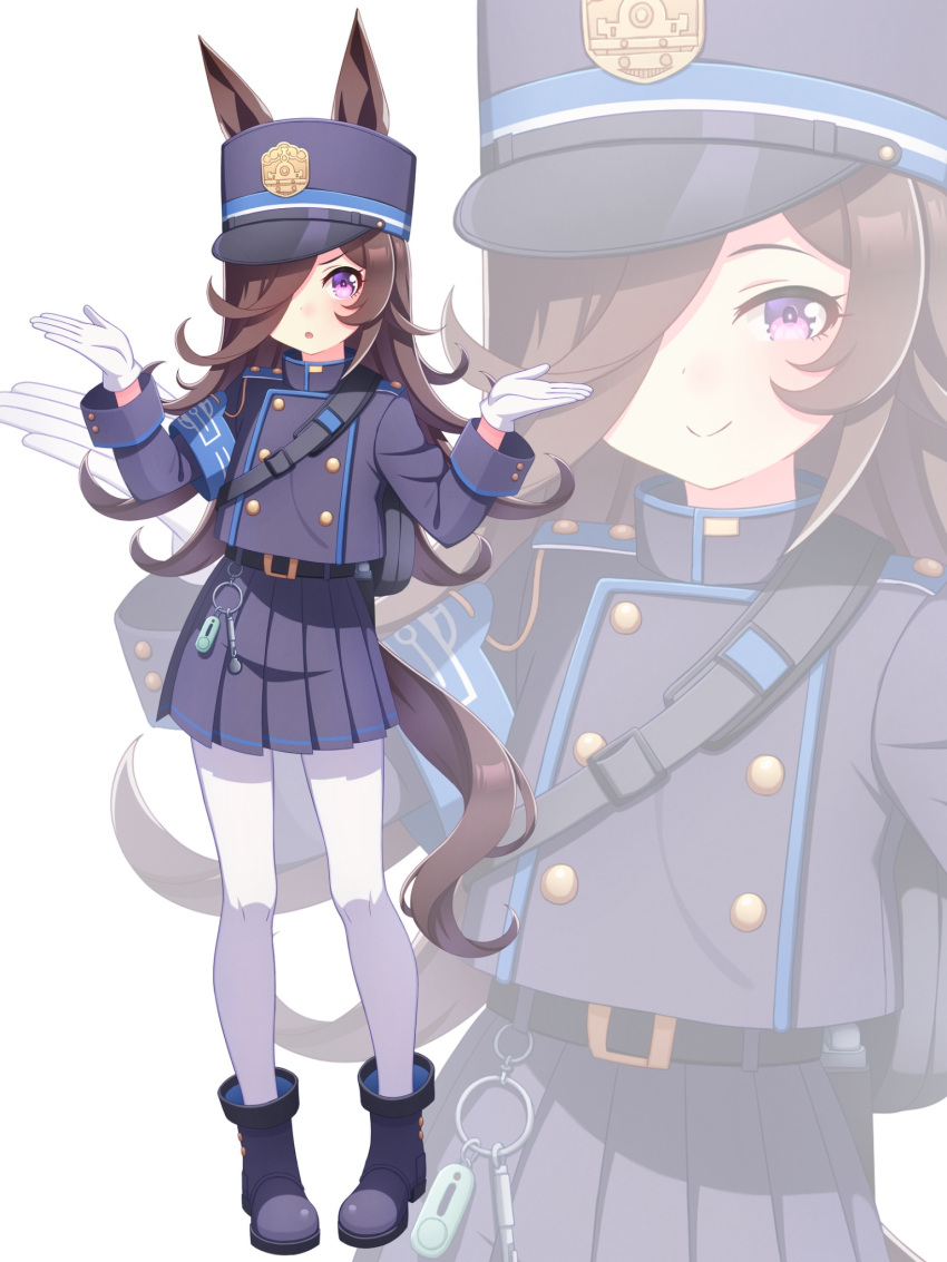 1girl, animal_ears, blue_archive, brown_hair, closed_mouth, commentary_request, cosplay, full_body, hair_over_one_eye, hat, highres, hikari_(blue_archive), hikari_(blue_archive)_(cosplay), hokuyukis, horse_ears, horse_girl, horse_tail, long_hair, looking_at_viewer, multiple_views, pantyhose, police, police_uniform, policewoman, rice_shower_(umamusume), simple_background, skirt, solo, standing, tail, umamusume, violet_eyes, white_background, white_pantyhose