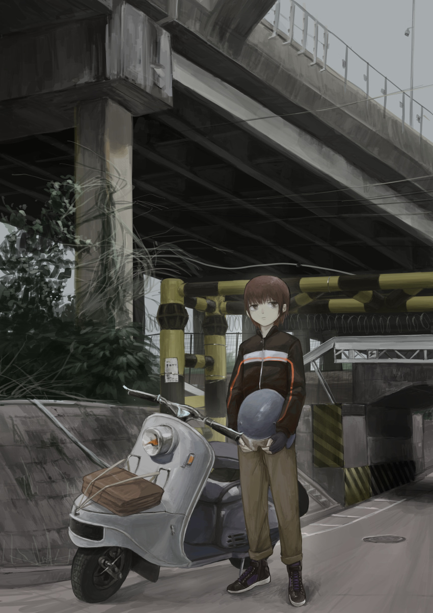 1girl, absurdres, bin_jiang, bridge, brown_eyes, brown_hair, commentary, fingerless_gloves