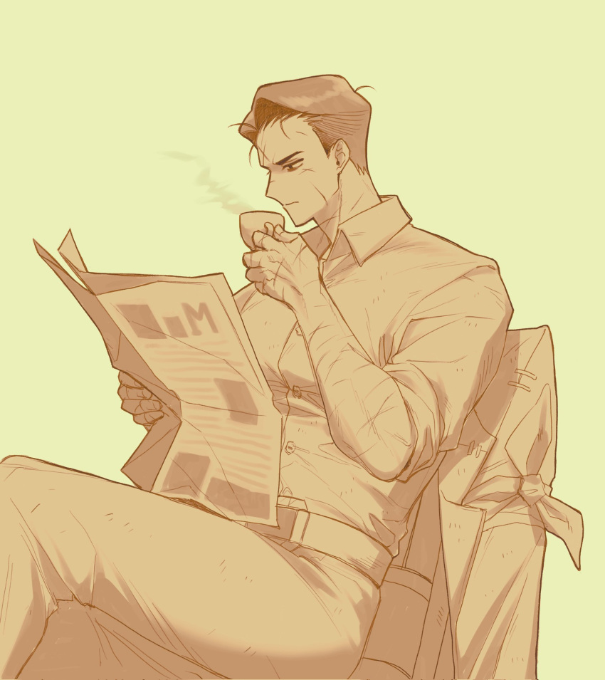 1boy, belt, blonde_hair, chair, collared_shirt, crossed_legs, cup, hair_slicked_back
