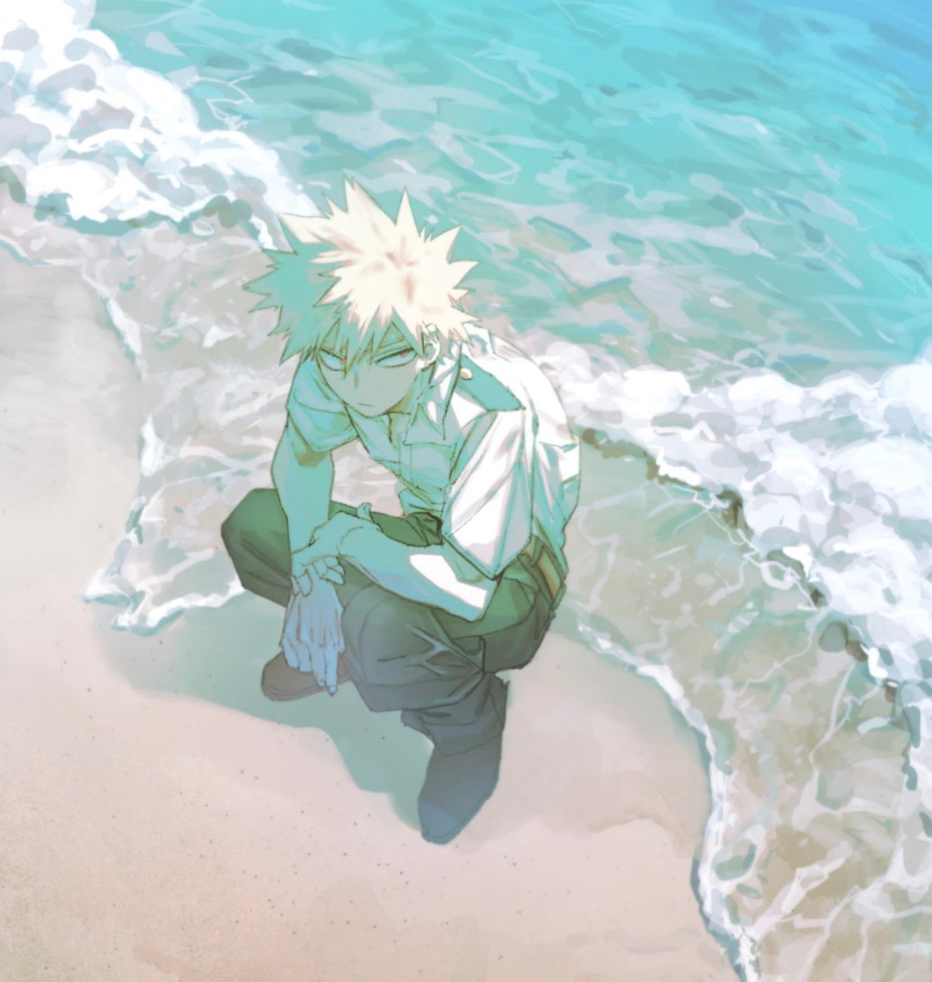 1boy, arm_on_own_leg, arm_rest, backlighting, bakugou_katsuki, beach, belt, between_legs