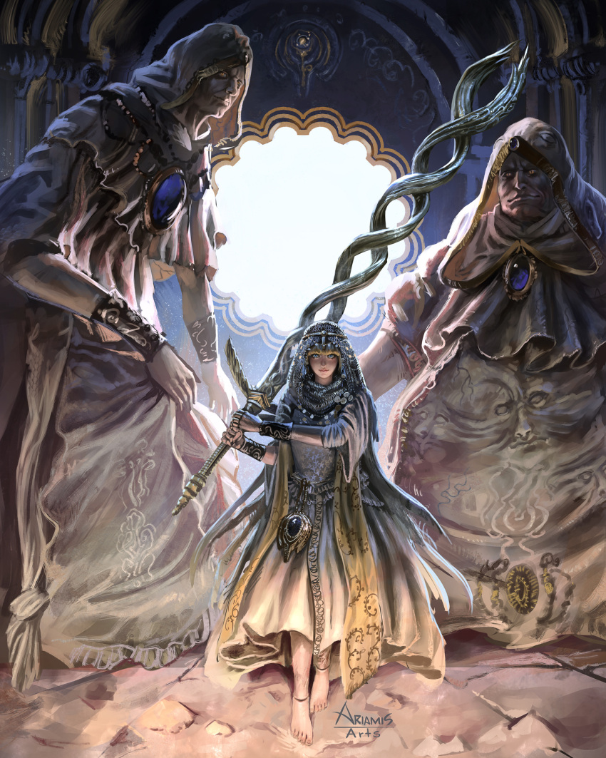 1girl, 2boys, ariamis_arts, armor, barefoot, black_gemstone, blonde_hair, blue_eyes