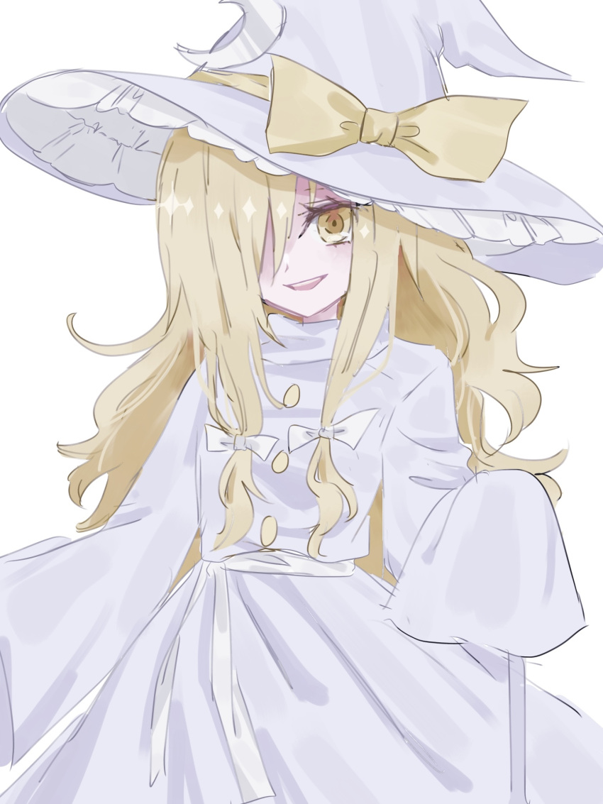 blonde_hair, bow, dress, frills, fuwafurin, hair_bow, hair_over_one_eye, hat, hat_bow, highres, kirisame_marisa, kirisame_marisa_(pc-98), long_hair, long_sleeves, phantasmagoria_of_dim.dream, ribbon, smile, touhou, touhou_(pc-98), white_dress, white_hat, witch_hat, yellow_eyes