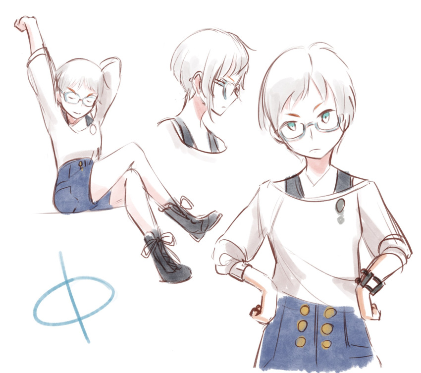 1girl, androgynous, arm_behind_head, arm_up, black_boots, blue_eyes, blue_shorts, boots