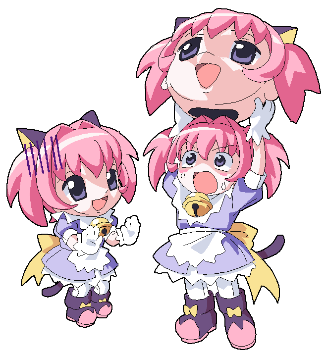 2000s_(style), 2girls, angelic_kitty_miracle-chan, animal_ears, apron, arms_up, back_bow, bell, blush_stickers, boots, bow, cat_tail, colinarmis, dress, fake_animal_ears, footwear_bow, full_body, gloom_(expression), gloves, hair_intakes, holding, holding_mascot_head, jingle_bell, mascot_head, miracle-chan, multiple_girls, neck_bell, open_hands, open_mouth, pink_boots, pink_hair, pixel_art, puffy_short_sleeves, puffy_sleeves, purple_boots, purple_dress, short_sleeves, short_twintails, simple_background, stop_(gesture), sweat, tail, twintails, two-handed, v-shaped_eyebrows, violet_eyes, waist_apron, white_apron, white_background, white_gloves, yellow_bow