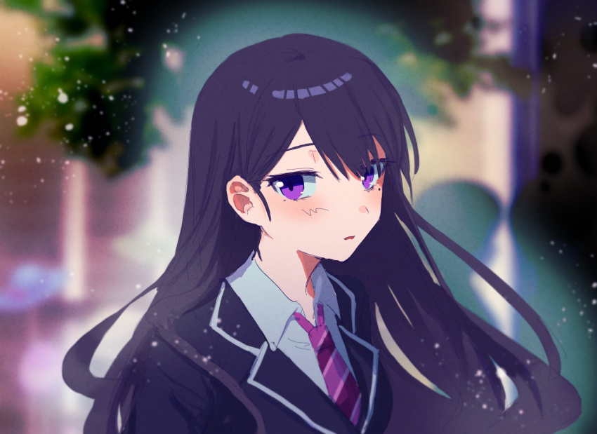 1girl, bang_dream!, bang_dream!_it's_mygo!!!!!, birthday1730225, black_hair, black_jacket, blurry, blurry_background