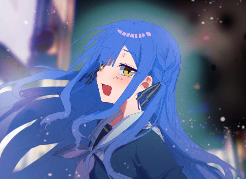 1girl, bang_dream!, bang_dream!_it's_mygo!!!!!, birthday1730225, black_ribbon, blue_hair, blue_shirt, blurry